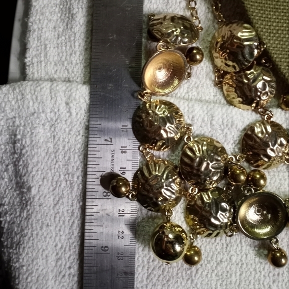 Large goldtone statement runway disc and balls noisy necklace fun! - Picture 2 of 5